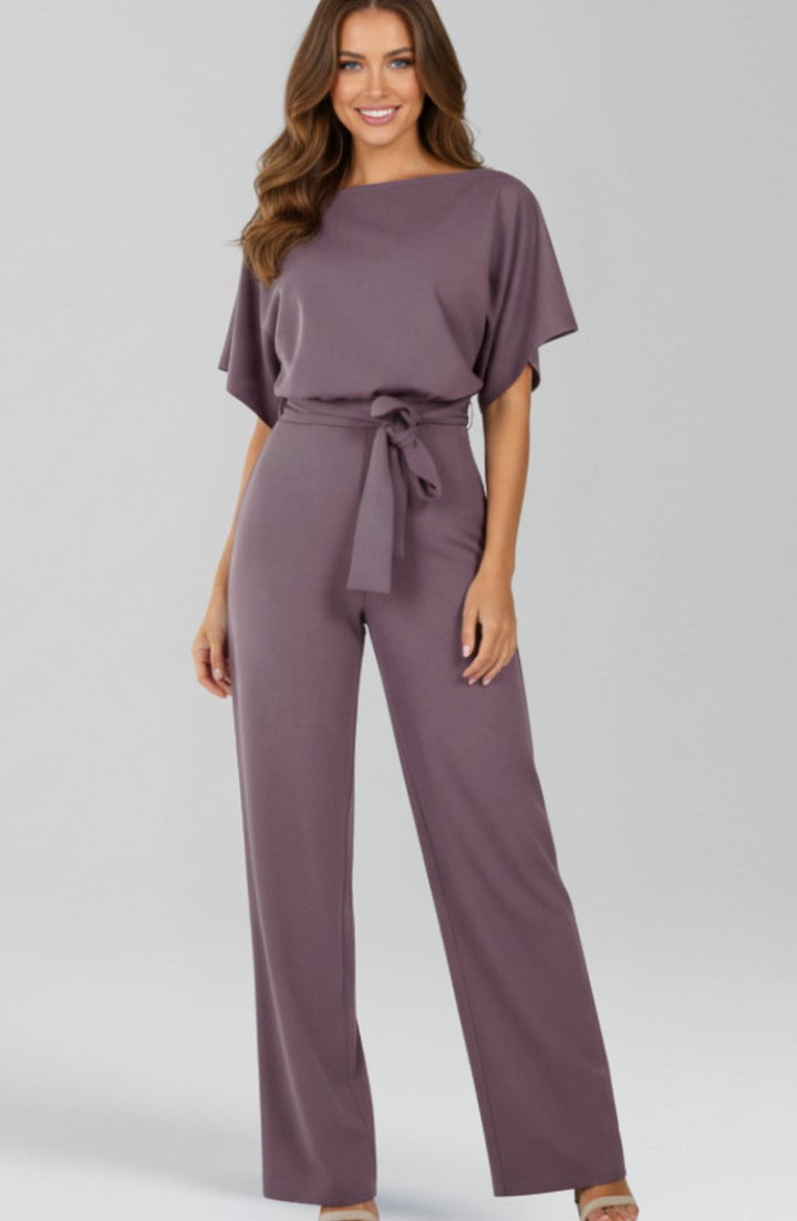 Women's Tie-Belt Wide-Leg Short-Sleeve Jumpsuit - Purple