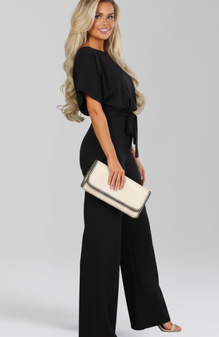 Women's Tie-Belt Wide-Leg Short-Sleeve Jumpsuit