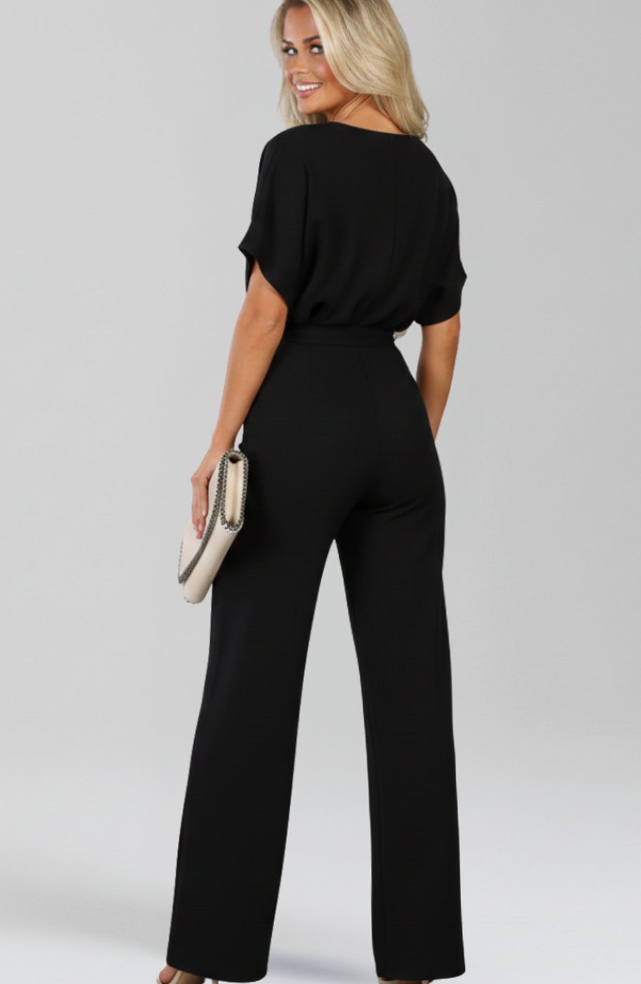 Women's Tie-Belt Wide-Leg Short-Sleeve Jumpsuit