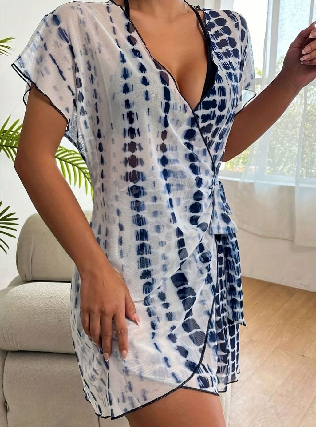 Women's Tie-Dye Wrap Cover-Up Mini Dress V-Neck