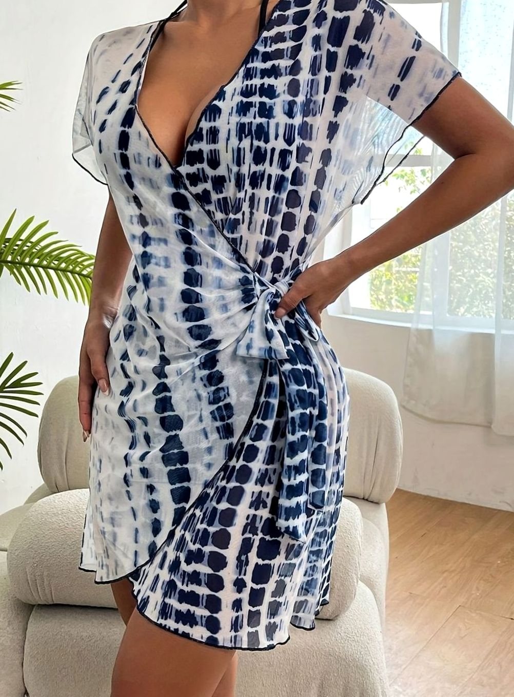 Women's Tie-Dye Wrap Cover-Up Mini Dress V-Neck