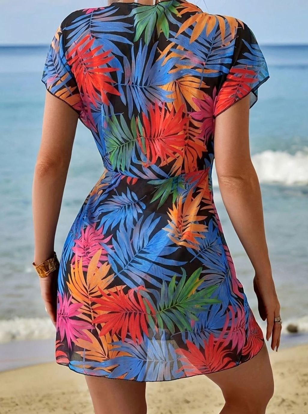 Women's Tie-Dye Wrap Cover-Up Mini Dress V-Neck