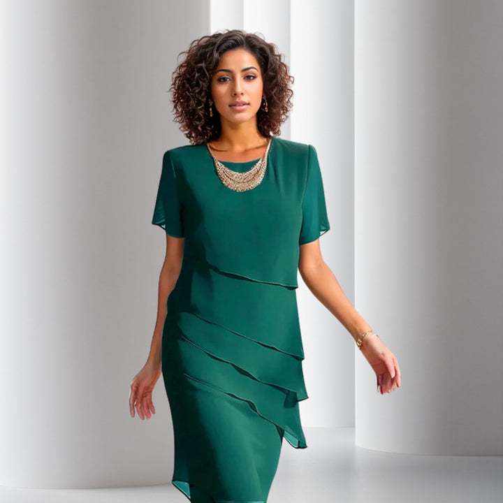 Women's Tiered Chiffon Cocktail Party Dress Short Sleeve - Green