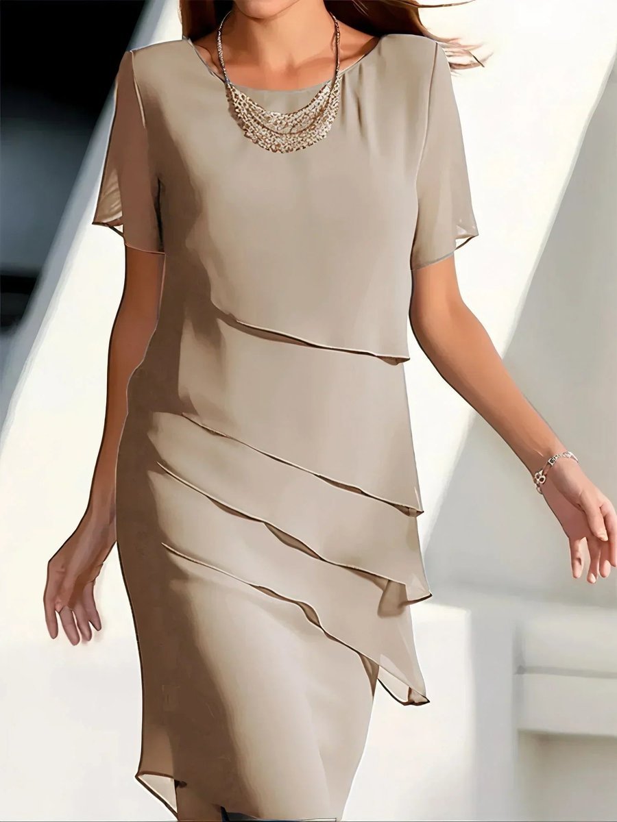 Women's Tiered Chiffon Flutter-Sleeve Cocktail Dress - Beige