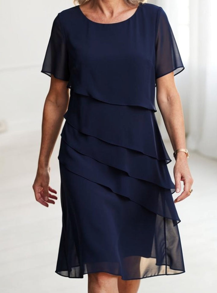 Women's Tiered Chiffon Short-Sleeve Round-Neck Midi Dress - Navy Blue