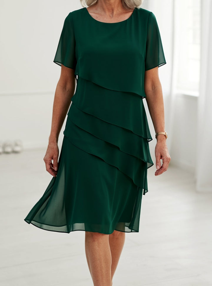 Women's Tiered Chiffon Short-Sleeve Round-Neck Midi Dress - Green