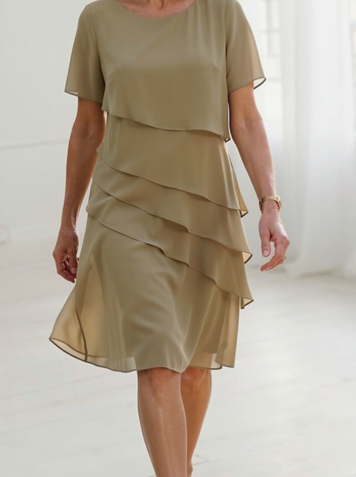 Women's Tiered Chiffon Short-Sleeve Round-Neck Midi Dress - Khaki