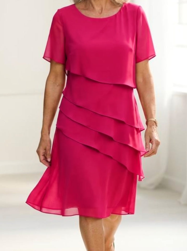 Women's Tiered Chiffon Short-Sleeve Round-Neck Midi Dress - Pink