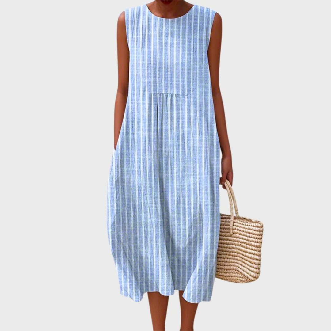 Women's Tiered Linen Plaid Sleeveless Midi Dress - Blue