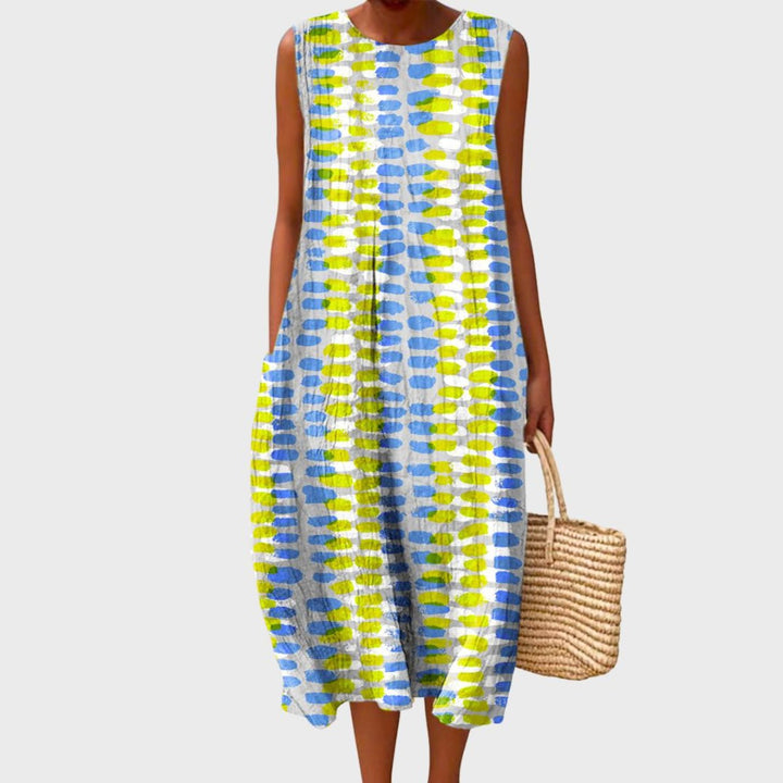 Women's Tiered Linen Plaid Sleeveless Midi Dress - Light Gray
