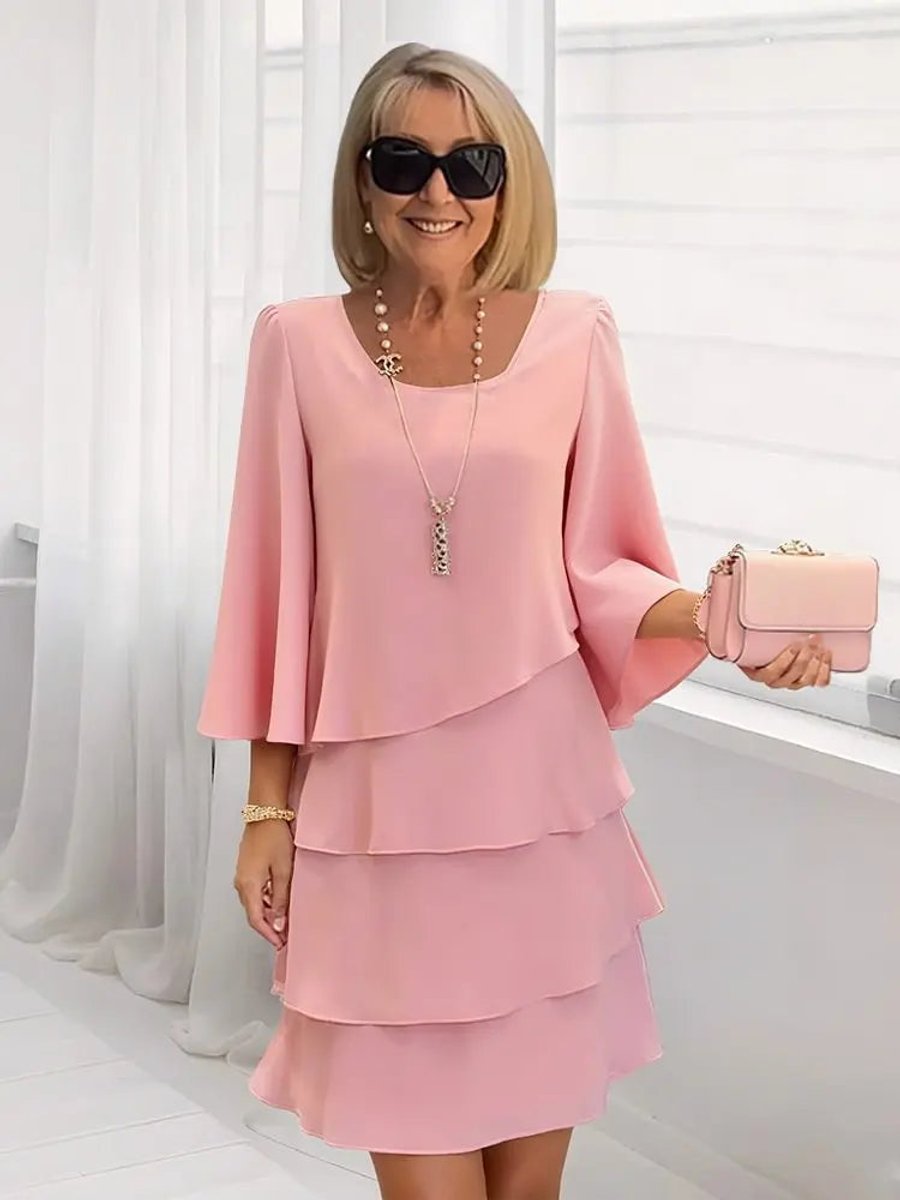 Women's Tiered Ruffle Layered A-Line Midi Dress - Pink