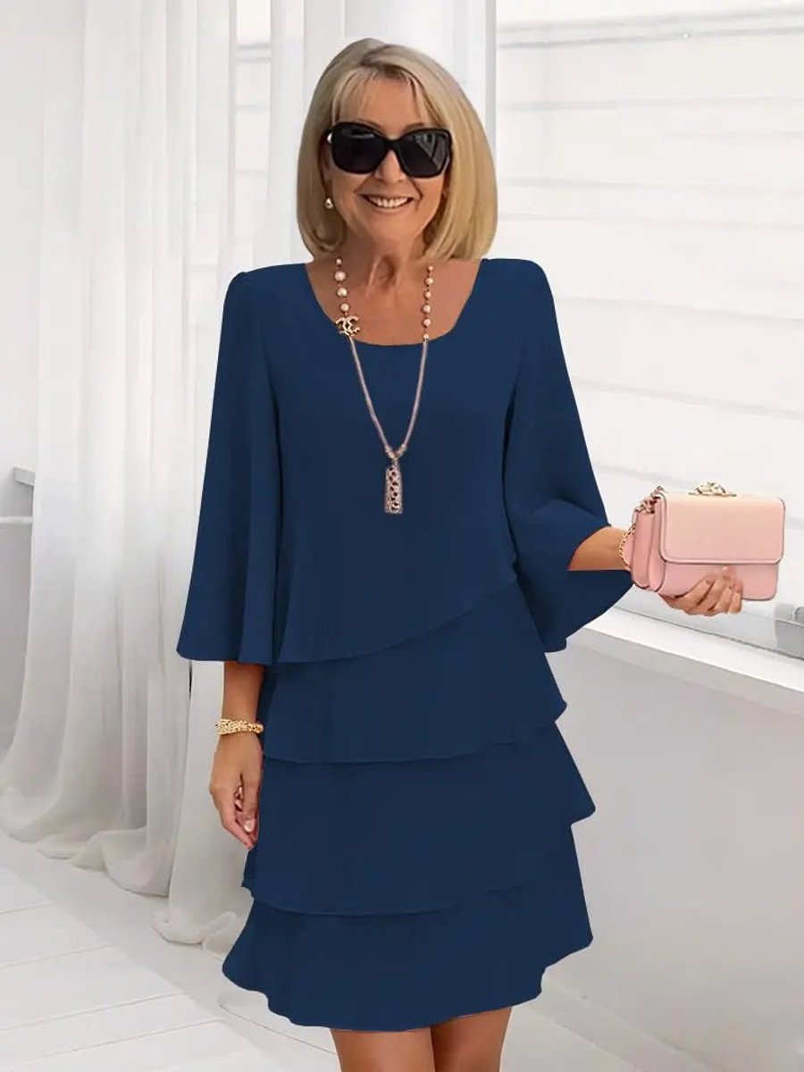 Women's Tiered Ruffle Layered A-Line Midi Dress - Navy Blue