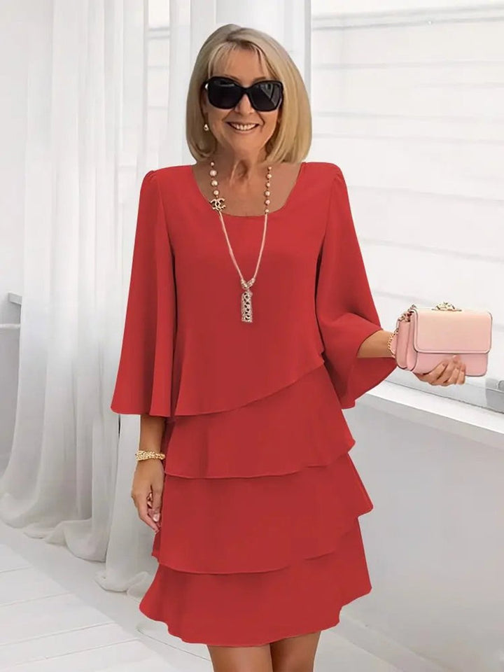 Women's Tiered Ruffle Layered A-Line Midi Dress - Red