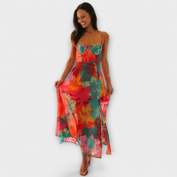 Women's Tropical Floral Bustier Spaghetti Strap Maxi Dress - Red