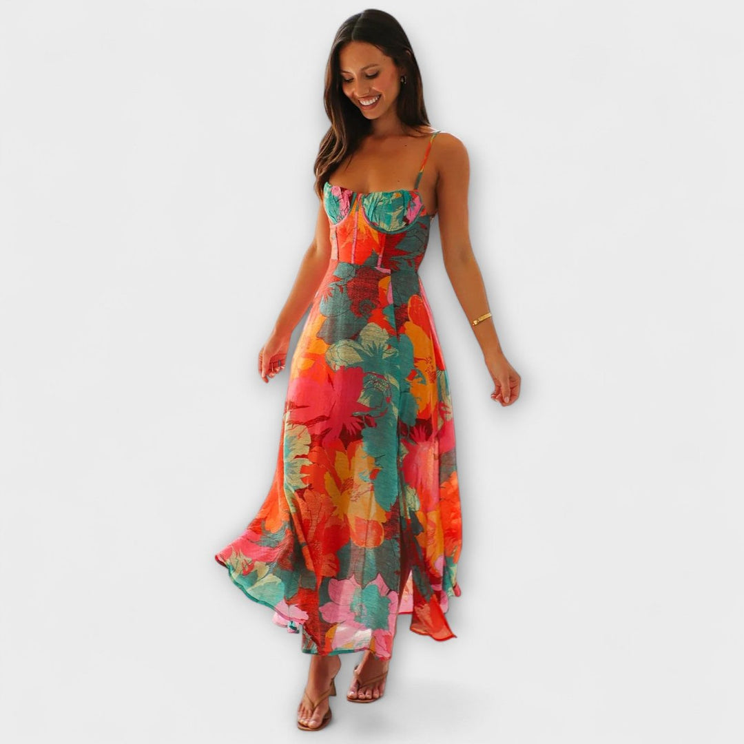 Women's Tropical Floral Bustier Spaghetti Strap Maxi Dress