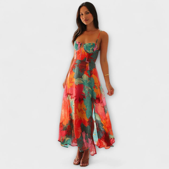 Women's Tropical Floral Bustier Spaghetti Strap Maxi Dress