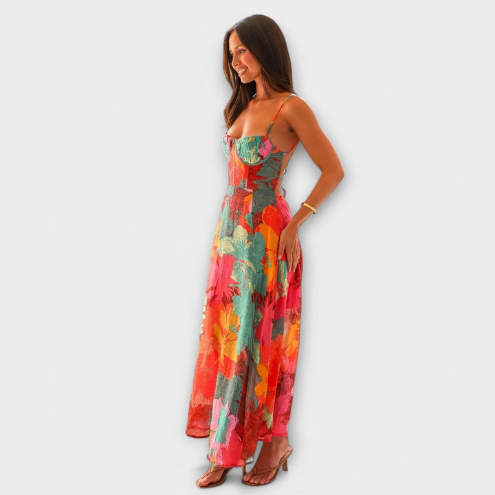 Women's Tropical Floral Bustier Spaghetti Strap Maxi Dress