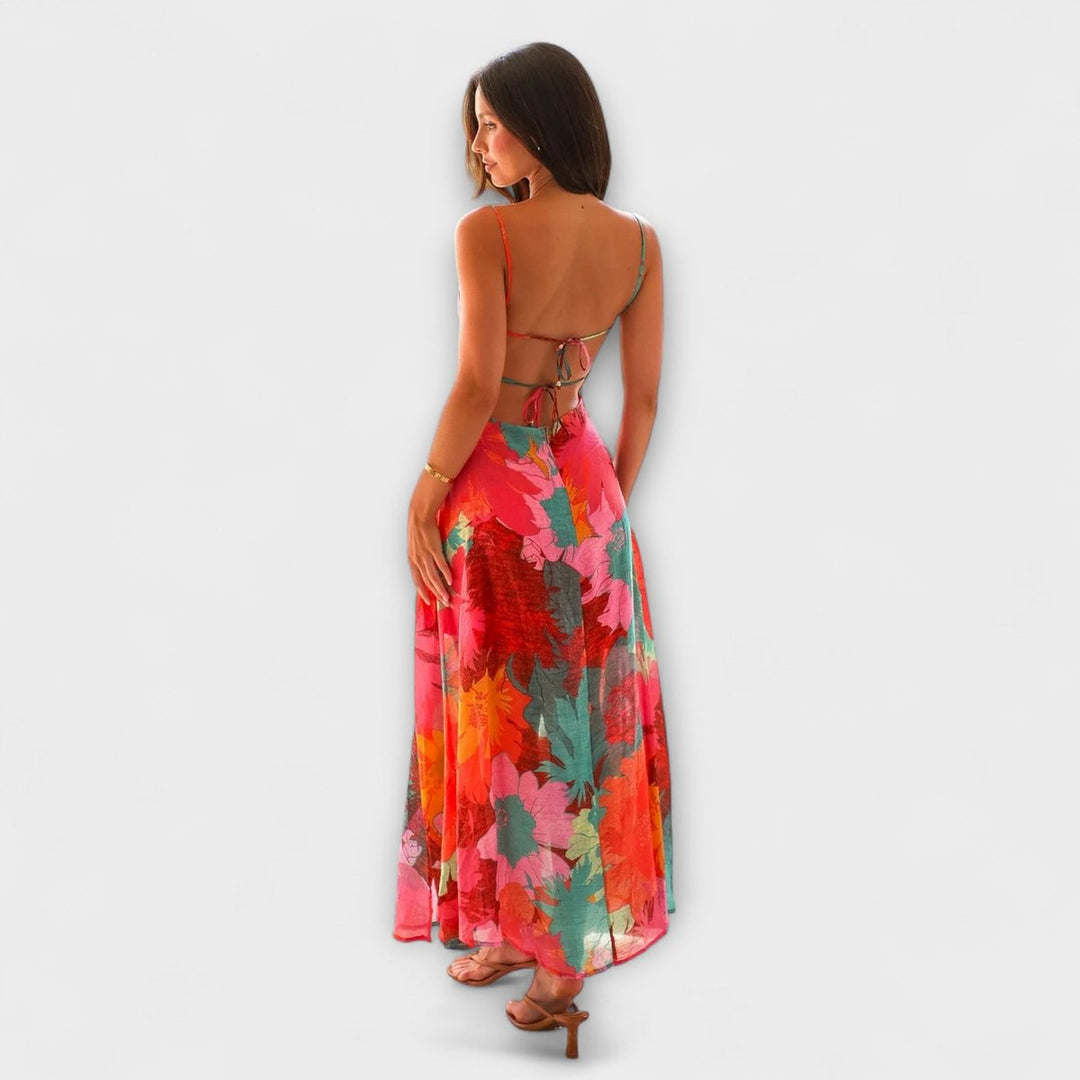 Women's Tropical Floral Bustier Spaghetti Strap Maxi Dress
