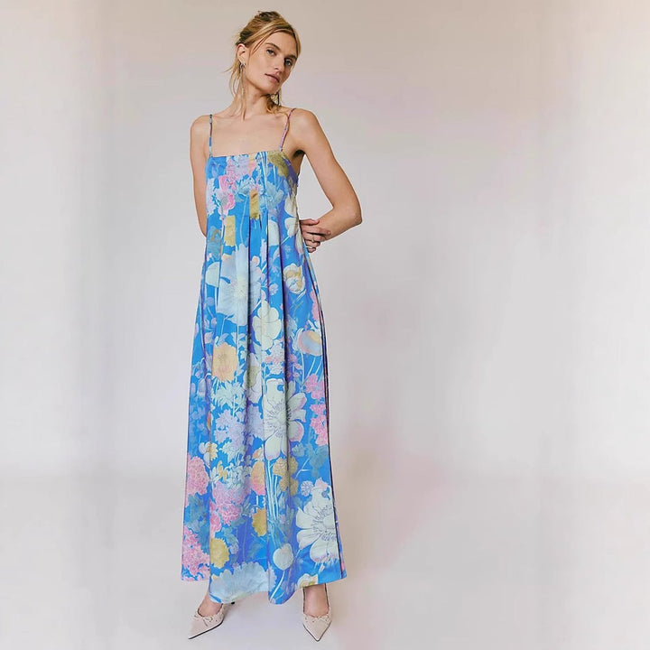 Women's Tropical Floral Bustier Spaghetti Strap Maxi Dress - Blue
