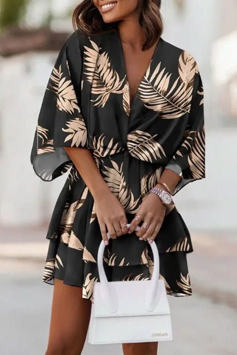 Women's Tropical Floral Kimono-Sleeve Mini Cocktail Dress - Black