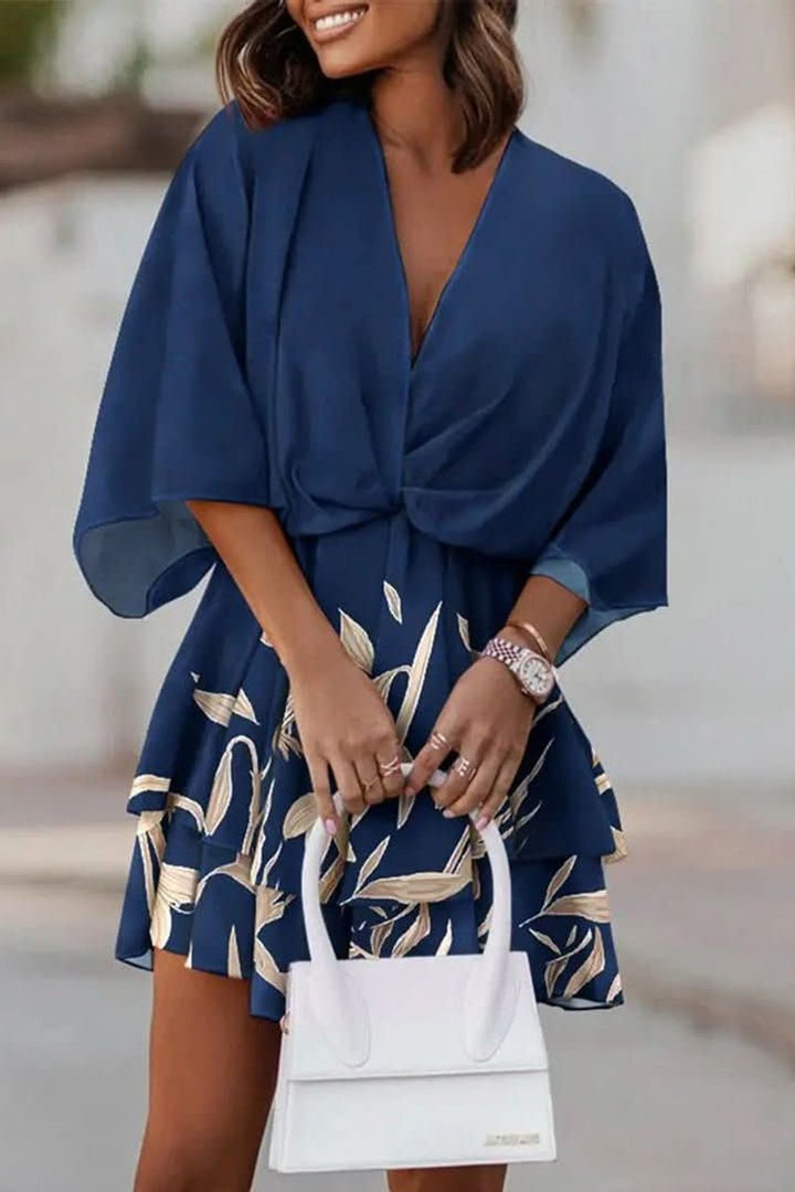 Women's Tropical Floral Kimono-Sleeve Mini Cocktail Dress - Navy Blue