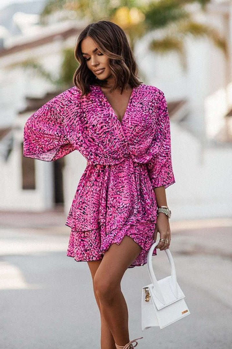Women's Tropical Floral Kimono-Sleeve Mini Cocktail Dress - Purple