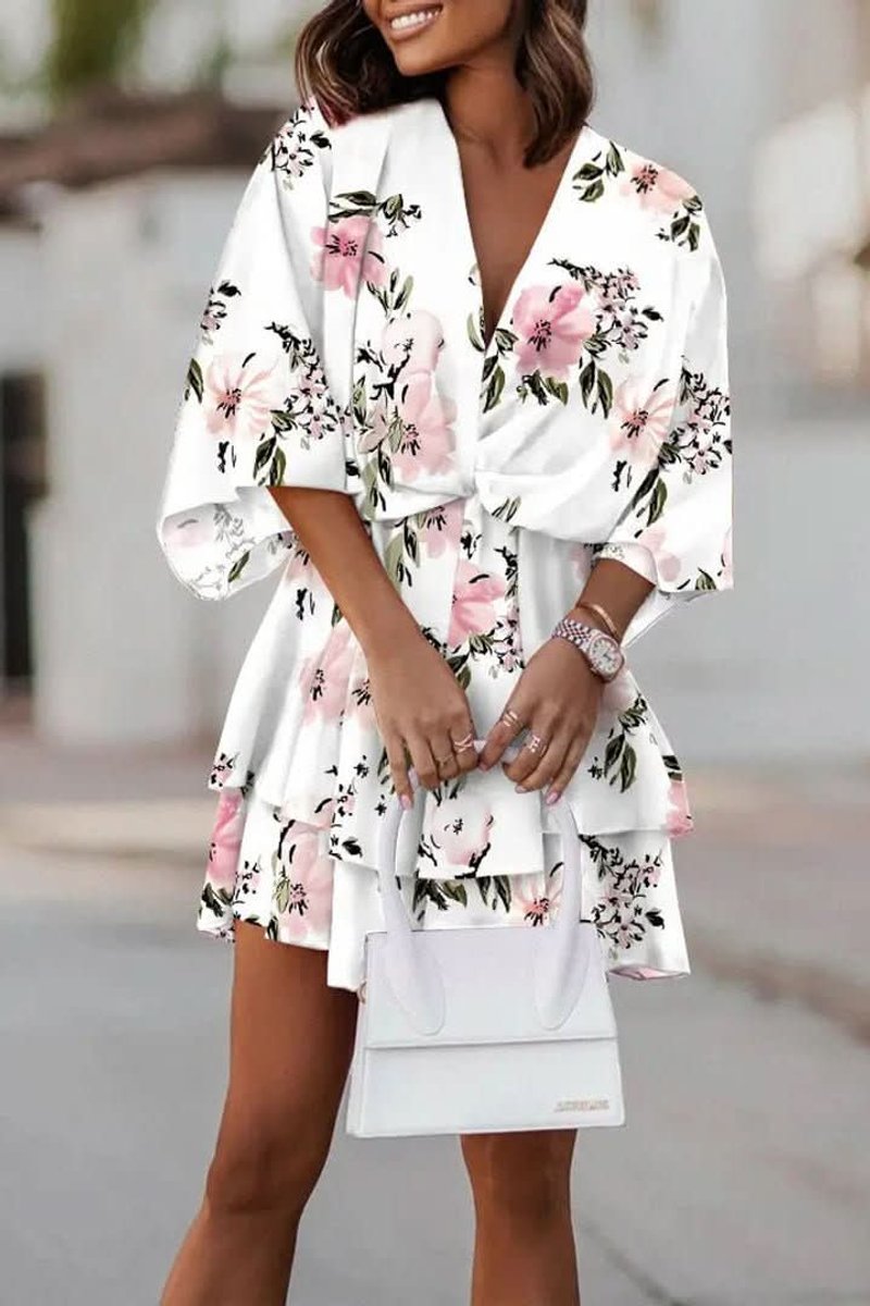 Women's Tropical Floral Kimono-Sleeve Mini Cocktail Dress - White