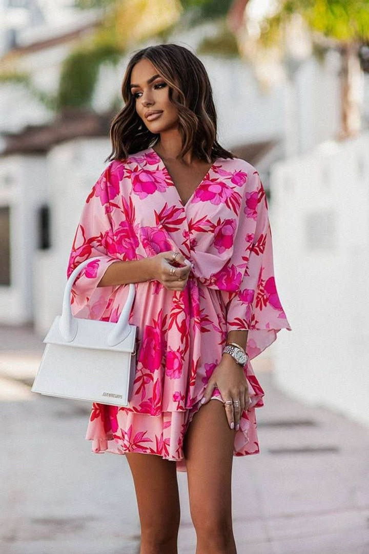 Women's Tropical Floral Kimono-Sleeve Mini Cocktail Dress - Red