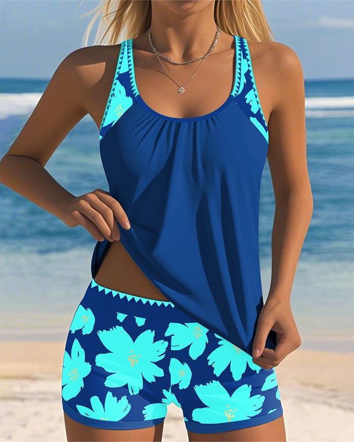 Women's Tummy-Control Floral Racerback Tankini Swim Set - Blue
