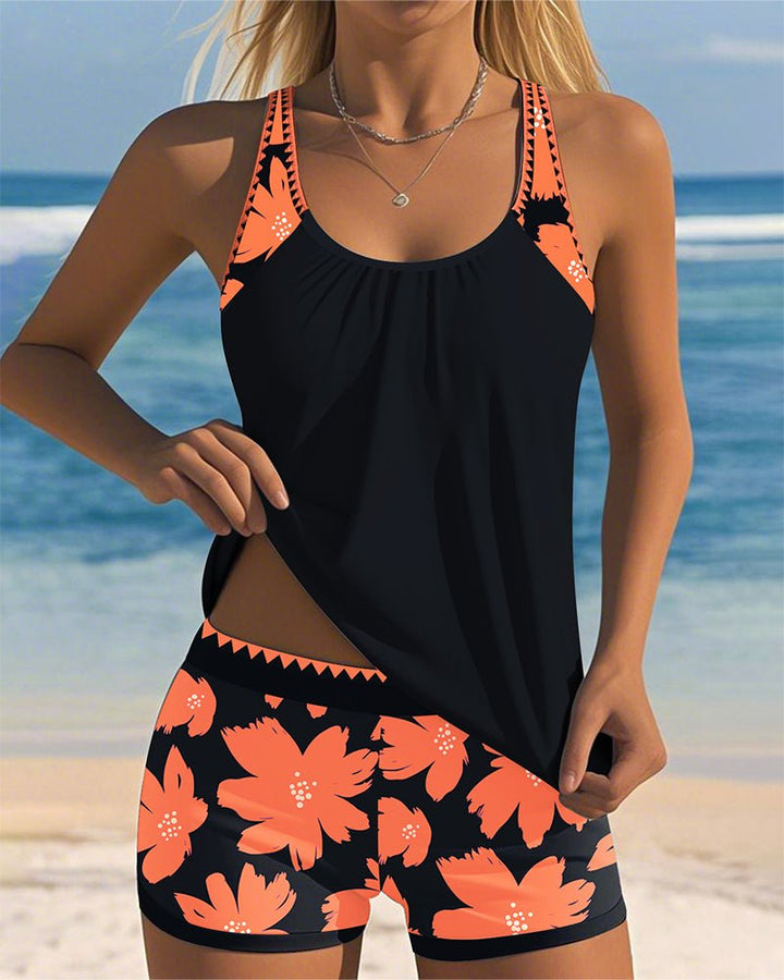 Women's Tummy-Control Floral Racerback Tankini Swim Set - Orange