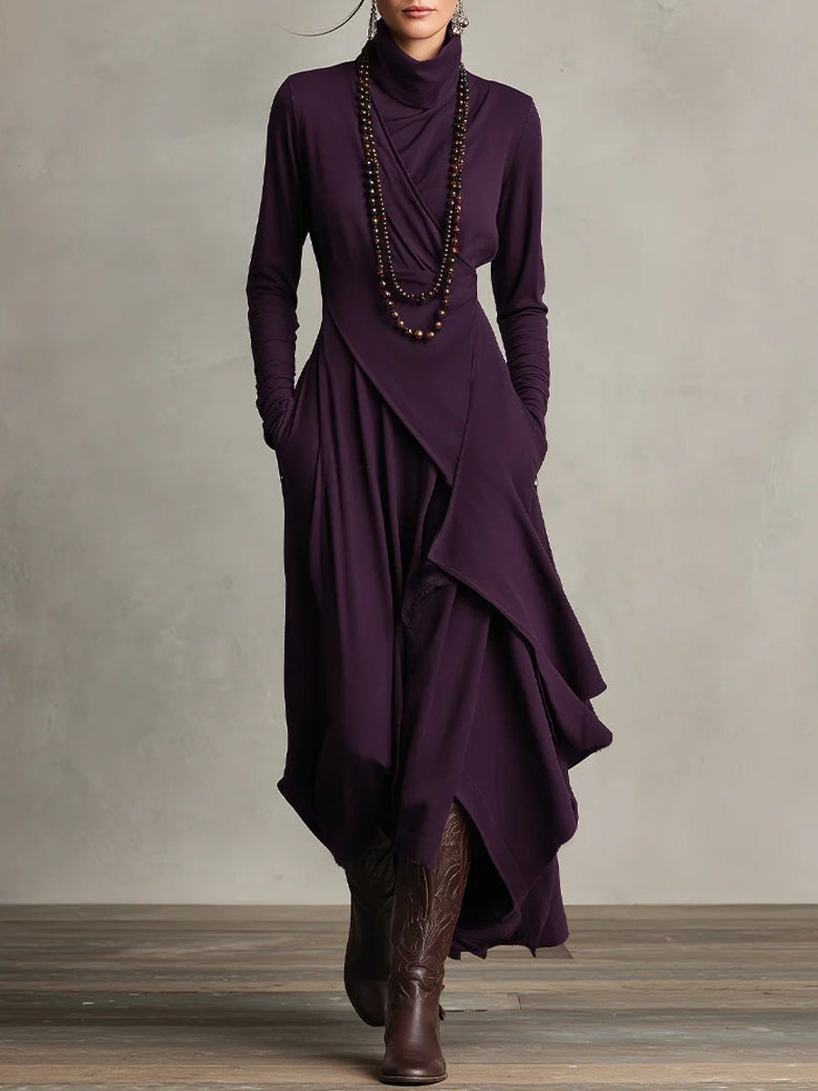 Women's Turtleneck Asymmetric-Hem Draped Maxi Long Sleeve Dress - Purple