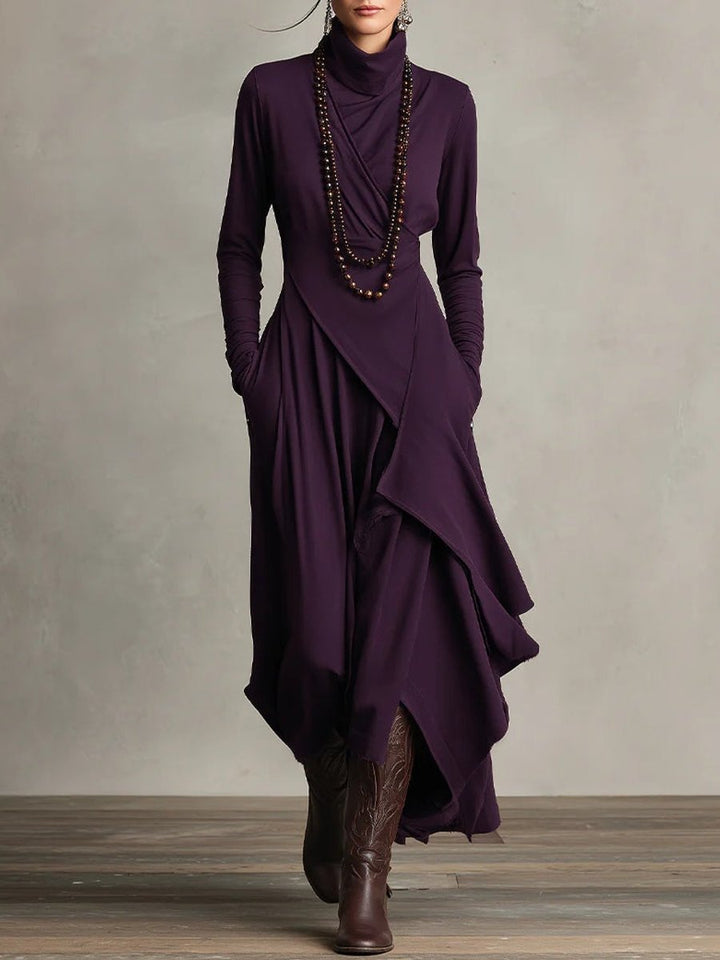 Women's Turtleneck Asymmetric-Hem Draped Maxi Long Sleeve Dress - Purple