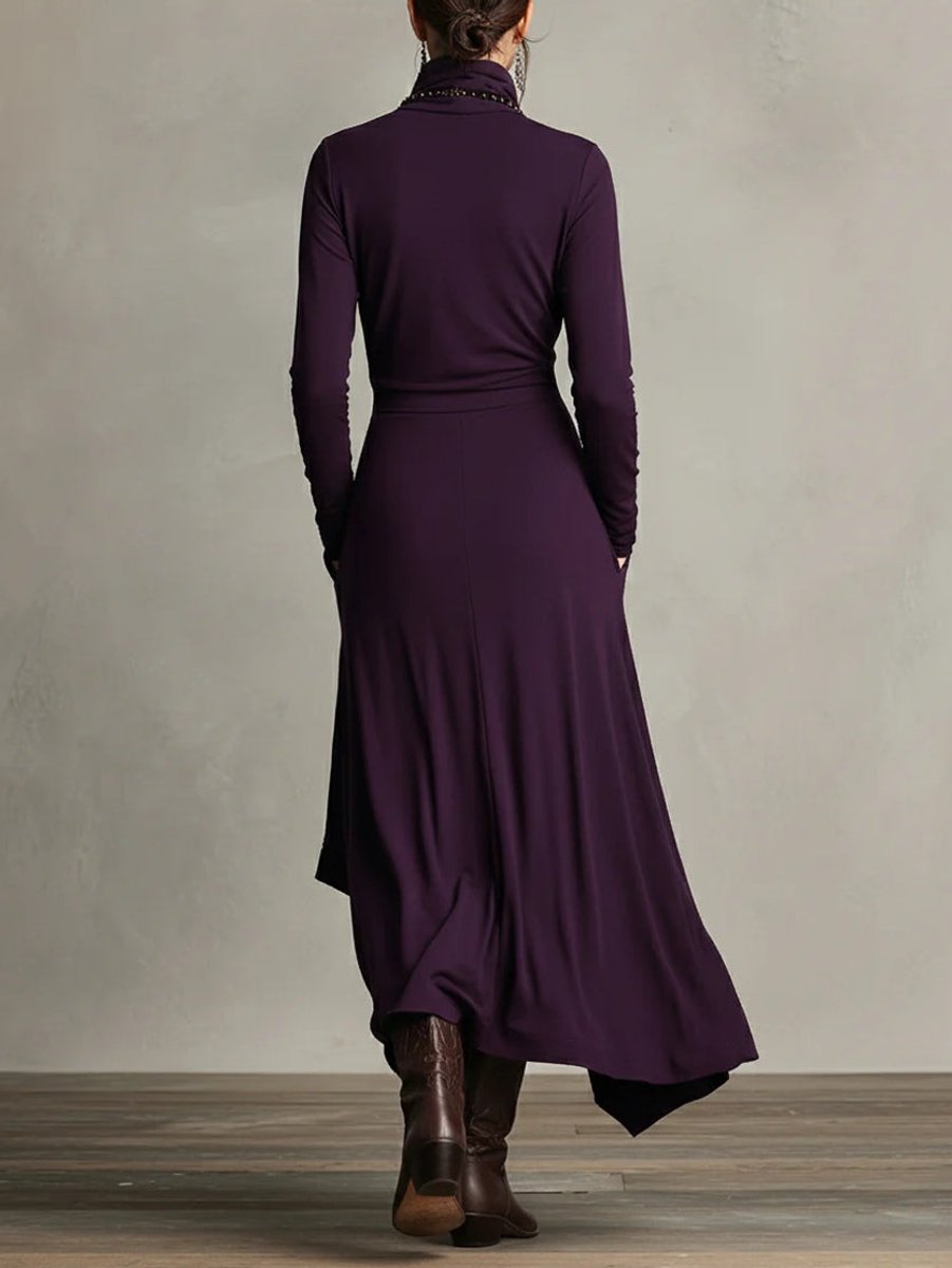 Women's Turtleneck Asymmetric-Hem Draped Maxi Long Sleeve Dress