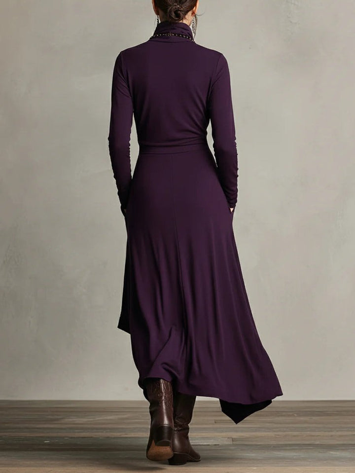 Women's Turtleneck Asymmetric-Hem Draped Maxi Long Sleeve Dress