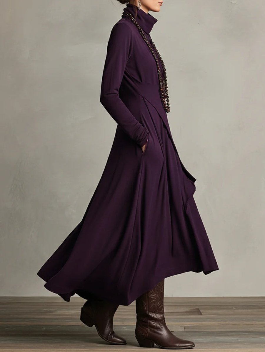 Women's Turtleneck Asymmetric-Hem Draped Maxi Long Sleeve Dress