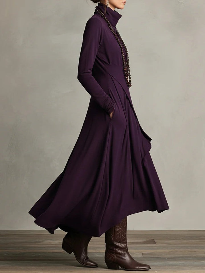 Women's Turtleneck Asymmetric-Hem Draped Maxi Long Sleeve Dress