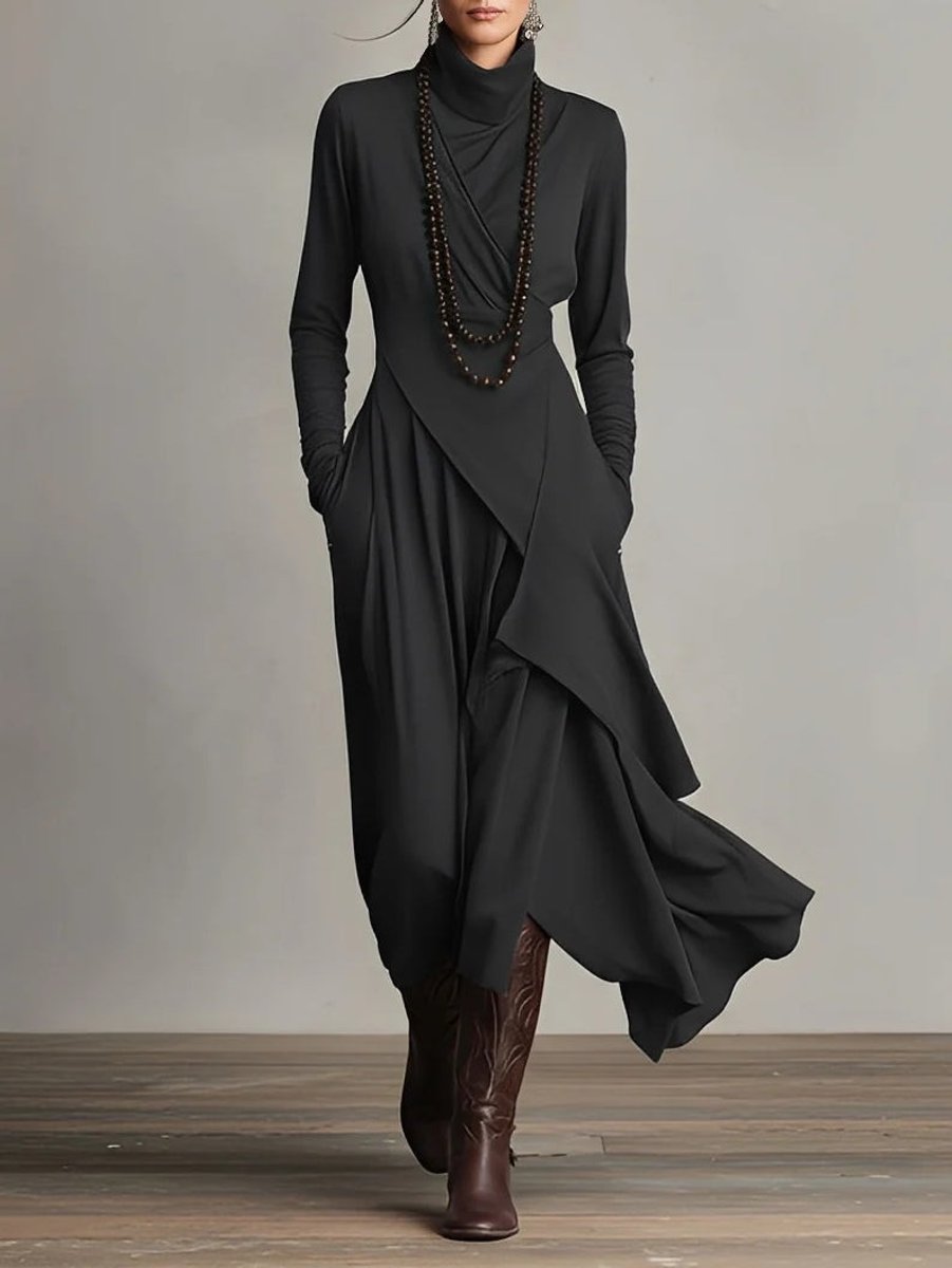 Women's Turtleneck Asymmetric-Hem Draped Maxi Long Sleeve Dress - Black