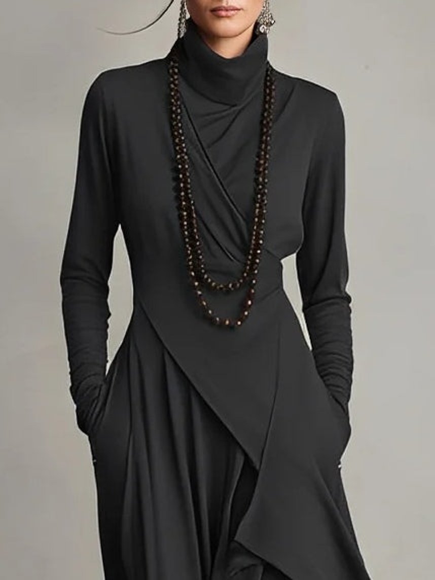 Women's Turtleneck Asymmetric-Hem Draped Maxi Long Sleeve Dress