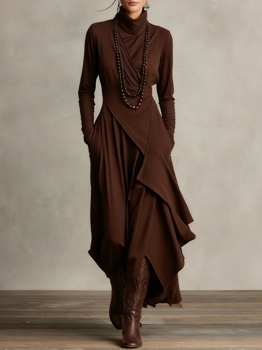 Women's Turtleneck Asymmetric-Hem Draped Maxi Long Sleeve Dress - Brown