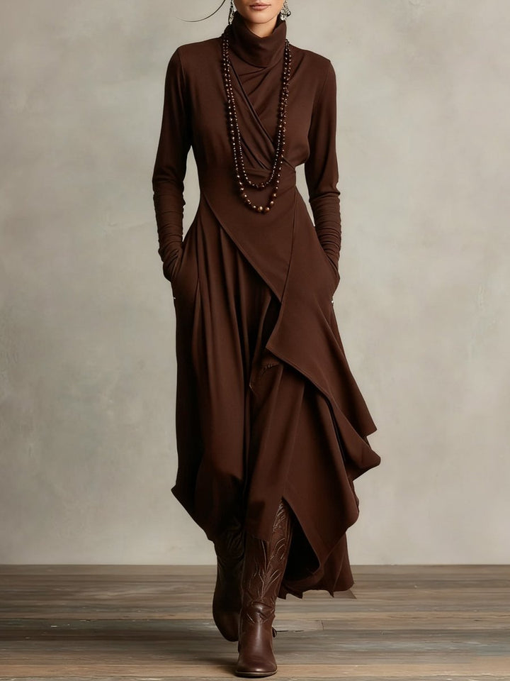 Women's Turtleneck Asymmetric-Hem Draped Maxi Long Sleeve Dress - Brown
