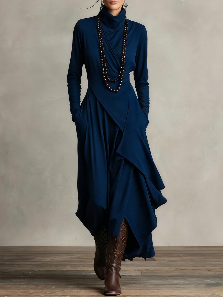 Women's Turtleneck Asymmetric-Hem Draped Maxi Long Sleeve Dress - Navy Blue