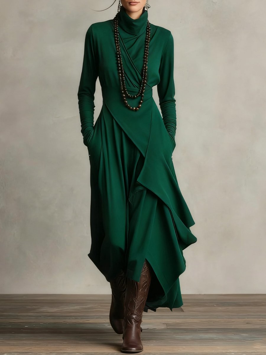 Women's Turtleneck Asymmetric-Hem Draped Maxi Long Sleeve Dress - Green