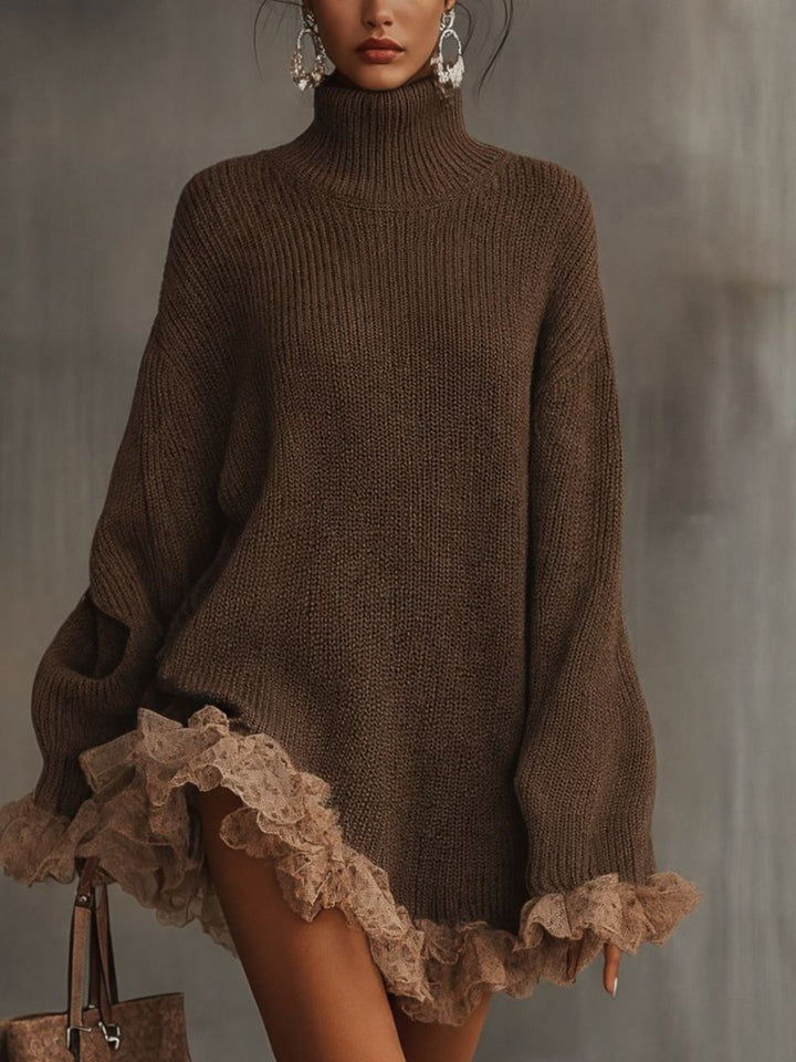Women's Turtleneck Knit Lace-Hem Formal Dresses Oversized Sweater Dress - Brown