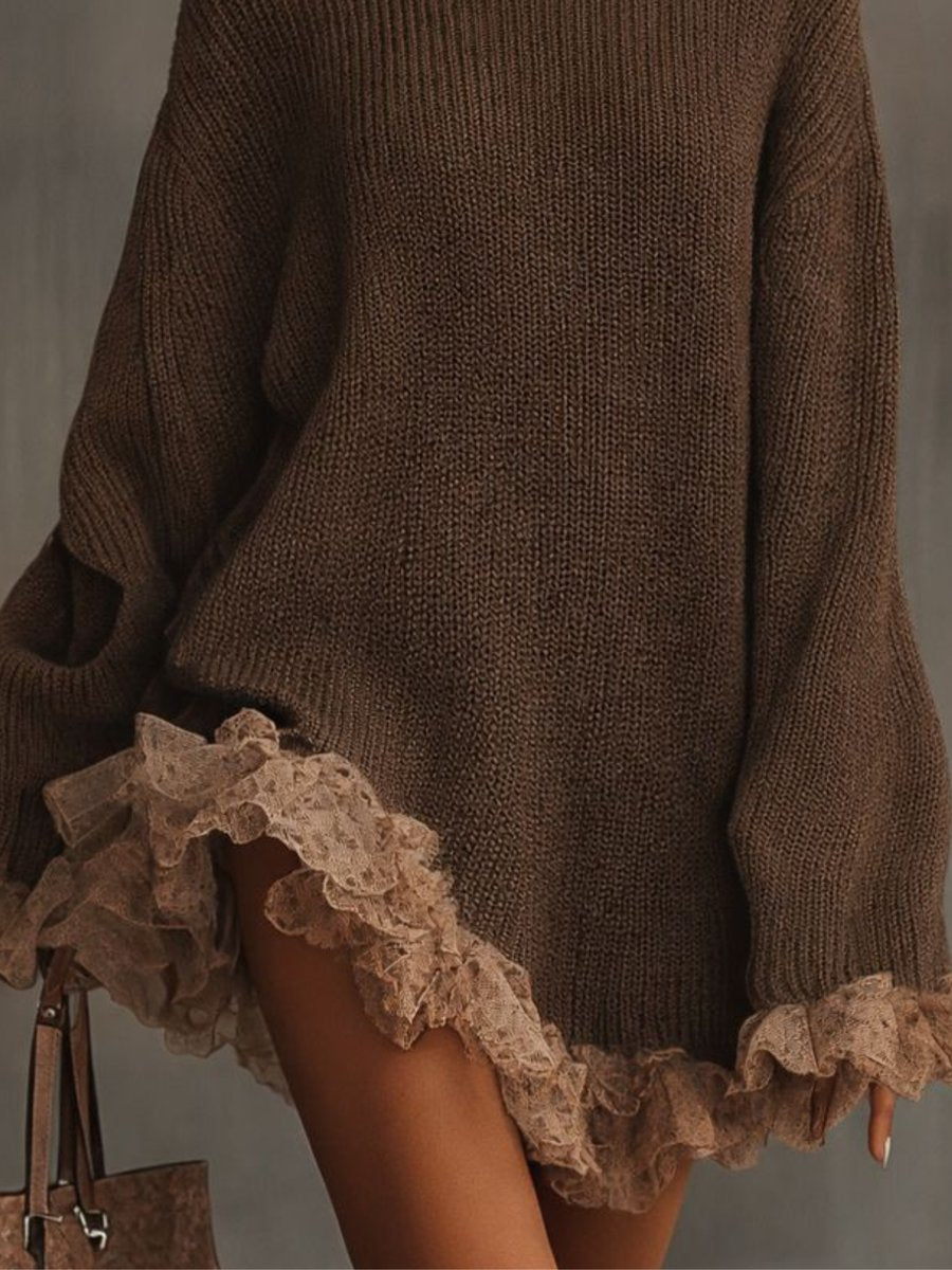 Women's Turtleneck Knit Lace-Hem Formal Dresses Oversized Sweater Dress