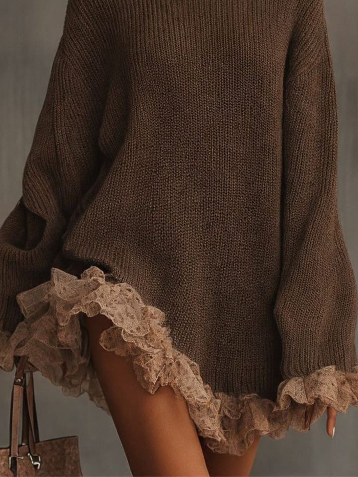 Women's Turtleneck Knit Lace-Hem Formal Dresses Oversized Sweater Dress