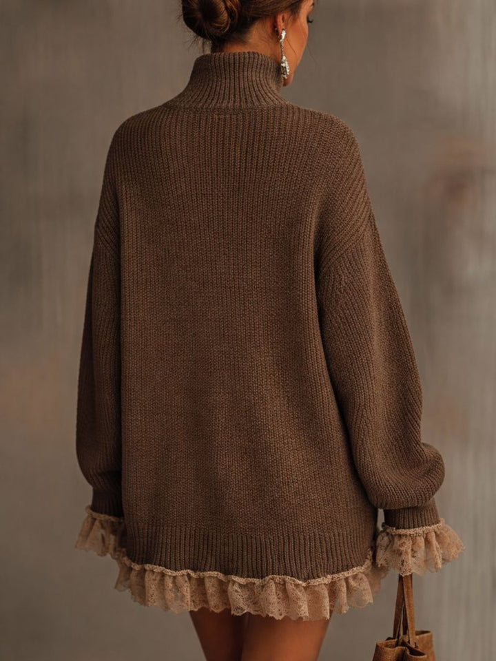 Women's Turtleneck Knit Lace-Hem Formal Dresses Oversized Sweater Dress