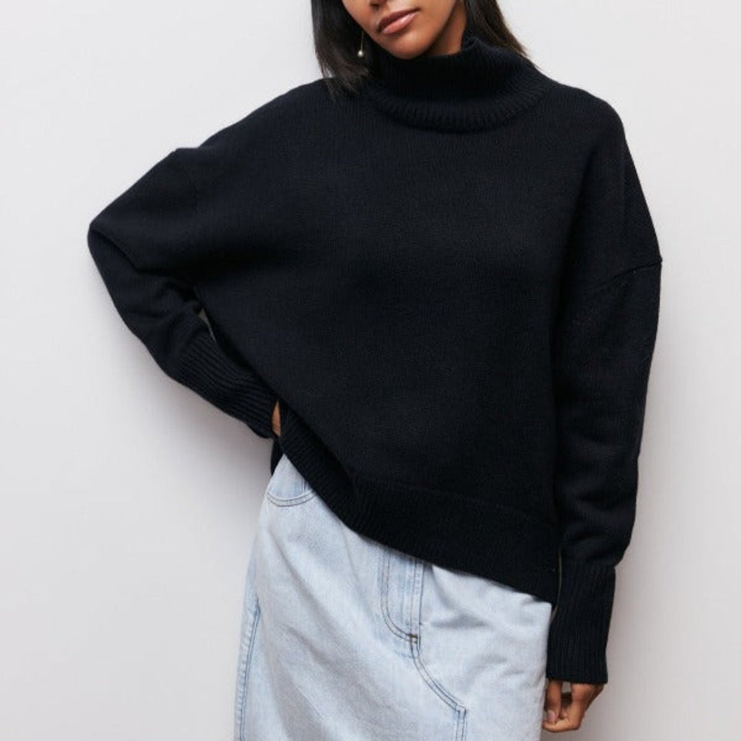 Women's Turtleneck Oversized Knit Pullover Sweater - Black