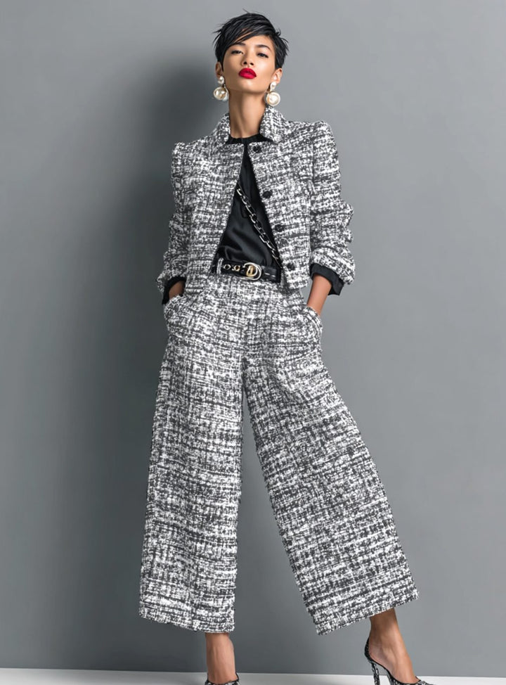 Women's Tweed Wide-Leg Cropped Pants Blazer Two-Piece Set - Gray