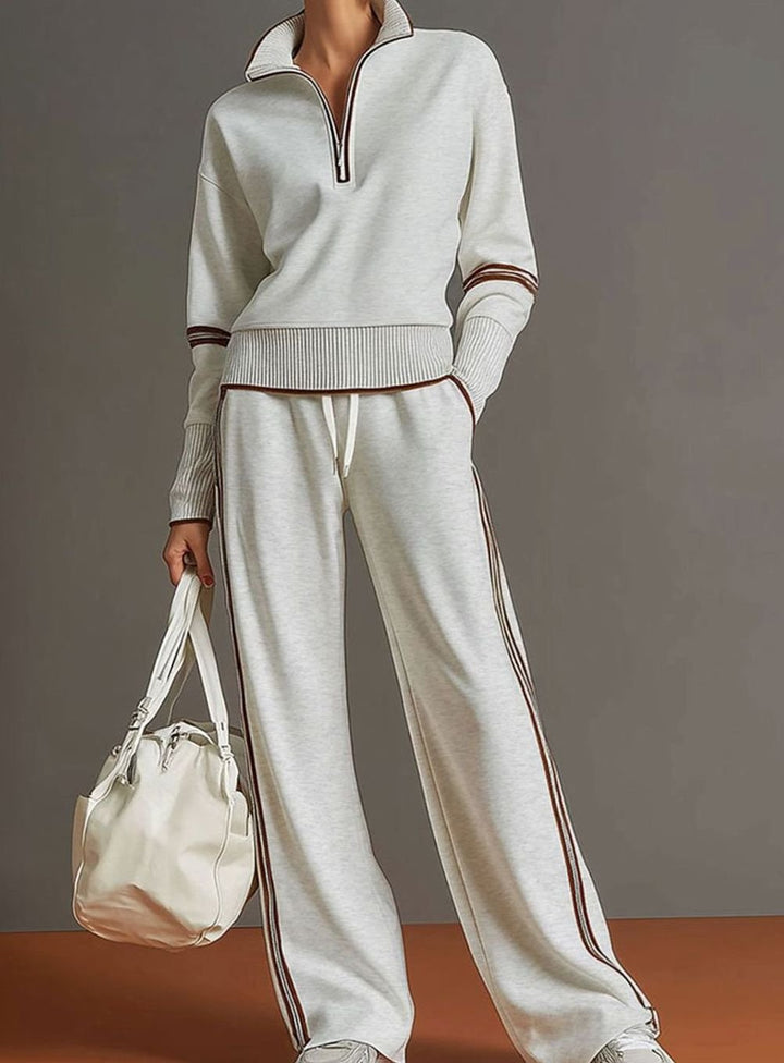 Women's Two-Piece Wide Leg Pants Set Half-Zip Striped Sweater - Gray White