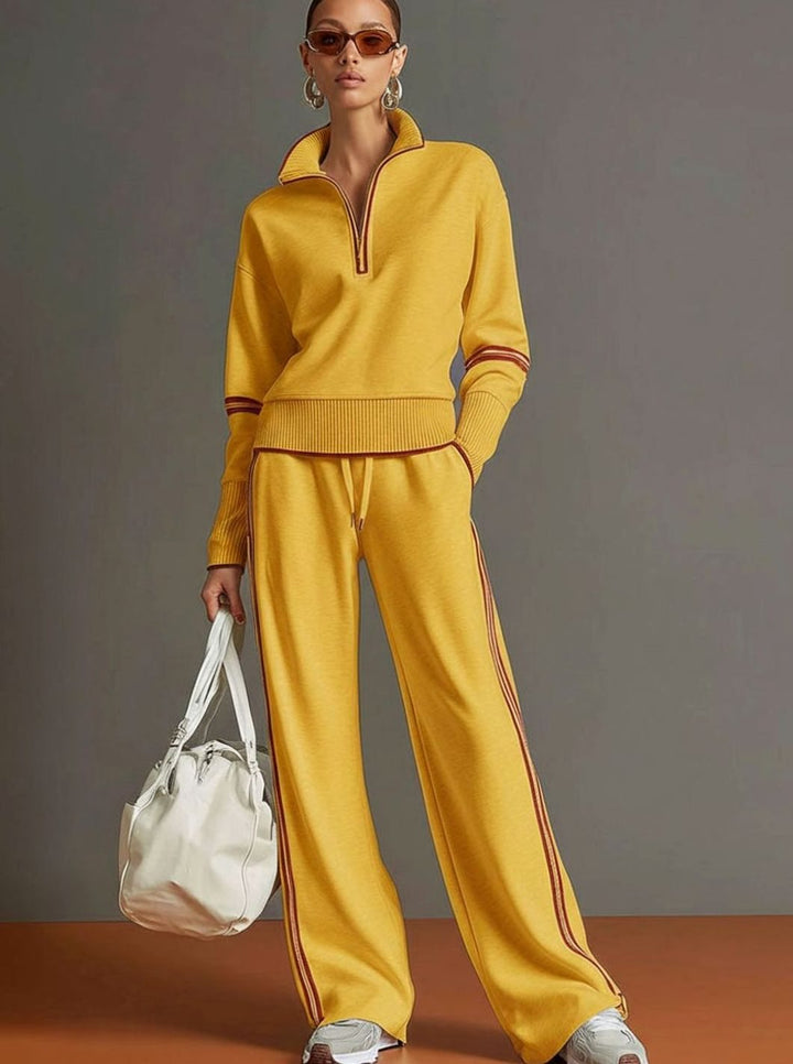 Women's Two-Piece Wide Leg Pants Set Half-Zip Striped Sweater - Yellow